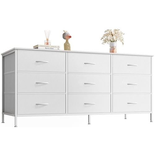 Huuger 9 Drawer Dresser, 47 Inch TV Stand for 50, 55 Inch TV, Entertainment Center with Drawers, Fabric Dresser Chest of Drawer for Bedroom, Closet, PU Leather Surface, White