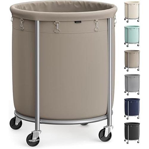 SONGMICS 50.2-Gallon (190 L) Laundry Basket with Wheels, Rolling Round Heavy-Duty Laundry Hamper Cart with Steel Frame and Removable Bag, 2 Locking Wheels, Camel Brown and Metallic Silver URLS001N01