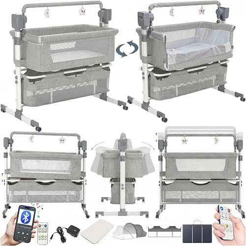 Electric Bluetooth Smart Baby Bedside Crib, Infant Bedside Sleeper Cot, Bassinet for Co-Sleeping, Convertible Foldable Baby Crib with Remote Control, Music, 5 Swaying Gears (601 Light Gray)