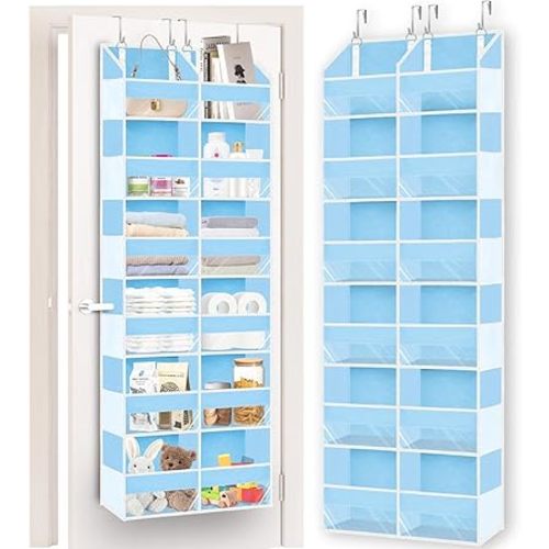 Over The Door Organizer 6 Tiers, Extra Large Behind Door Storage of 12 Compartments, 80 lbs Weight Capacity Hanging Storage Organizer with Clear Window Kids Toys,Shoes,Diapers,Room Storage,Blue
