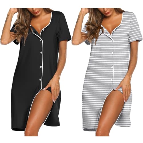 Ekouaer Nightgowns for Women 2 Pack Button Down Sleepshirt Short Sleeve Nightshirt Soft Sleepwear V Neck Pajama Dress