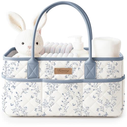 Konssy Baby Diaper Caddy Organizer, Floral Design with PU Leather Handles | Quilted Water-Repellent Diaper Caddy Basket with Removable Dividers, Baby Registry Gift, Newborn Essentials (Blue Garden)