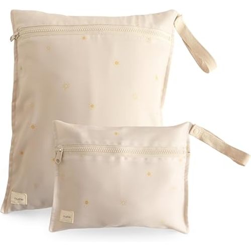 mushie Water Resistant Wet Bags | Large & Small Reusable Storage Bag for Baby Items and Travel | Zippered Pockets with Handle | Machine Washable, Set of 2 (Sun)