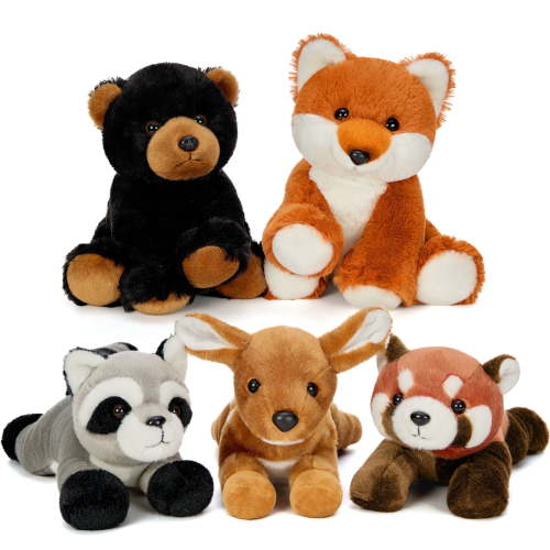 Muiteiur 5 Pieces Woodland Stuffed Animals Bulk Stuffed Animals Plush Toy(Bear/Fox/Sika Deer/Raccoon/Red Panda)