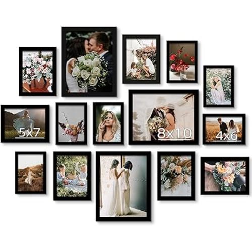 BESCRCL 15 Pack Real Glass Picture Frames Collage Wall Decor, Including 3pcs 8x10, 6pcs 5x7, 6pcs 4x6 Photo Frames for Gallery Wall or Tabletop Display, Black