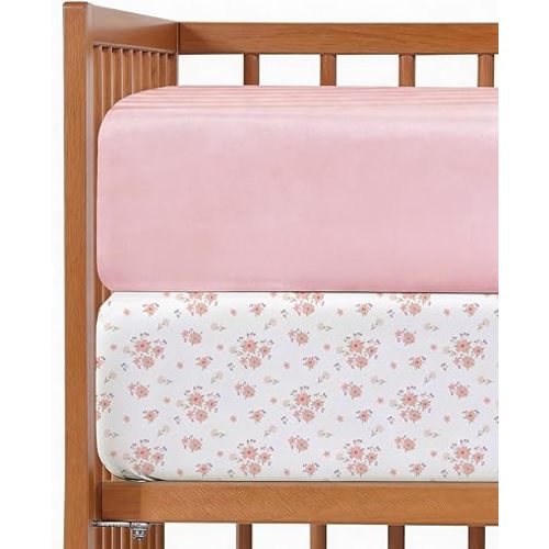 Baby Crib Sheets for Boys & Girls - Pack of 2 Fitted Microfiber Crib Sheets for Standard Crib & Toddler Mattress - Soft, Breathable and Wrinkle Free - Machine Washable - Oeko Tex - 52x28x8in - Floral