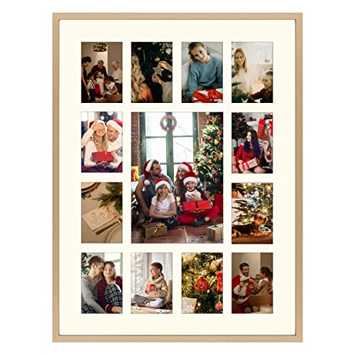 Golden State Art, 12x16 Gold Aluminum Metal Collage Frame - 13 Opening Ivory Mat - Displays One 5x7 Photo and Twelve 2x3 Pictures - Real Glass, Sawtooth Hangers, Swivel Tabs - Wall Mounting