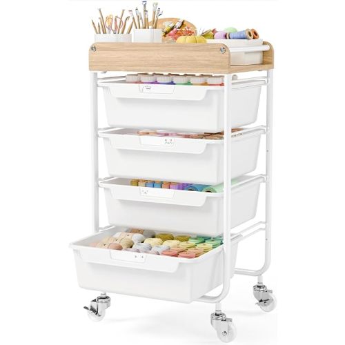 Rolling Craft Storage Cart with 4 Drawers,Utility Cart with Drawers,Art Craft Organizers and Storage,Kids Craft Cart,Kids Art Cart With DIY Lable and Wooden Tabletop Area,White