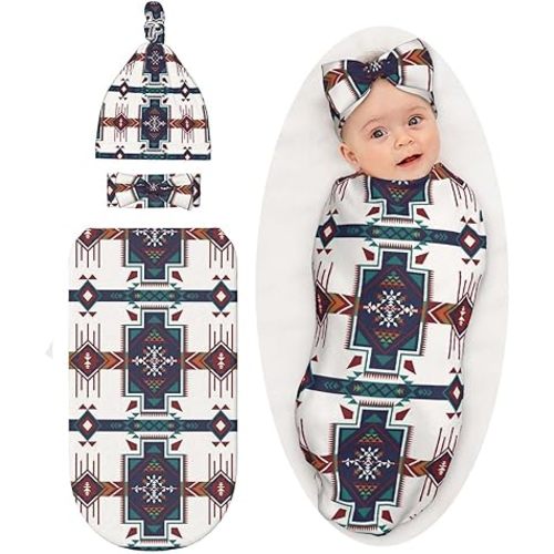 Western Southwest American Aztec Baby Stuff Swaddle Blanket Wrap Baby Newborn Blanket Soft Stretchy with Headband Hat Set Gift for Infant Boy Girl