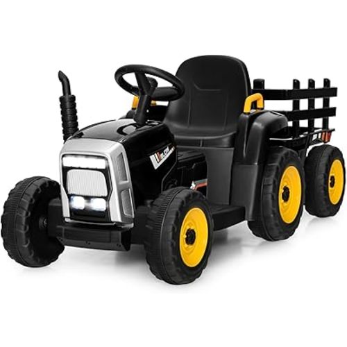 Costzon Ride on Tractor w/Detachable Trailer, 12V Kids' Electric Vehicles w/ 3-Gear-Shift Ground Loader, Wireless Design & USB, 7 LED Headlights, Remote Control Tractor Toy for Kids 3+ (Black)