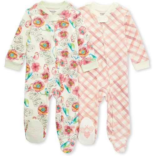 Burt's Bees Baby Baby Girls' Sleep and Play Pajamas, 100% Organic Cotton One-Piece Romper Jumpsuit Zip Front Pjs - Song Bird 2pk - Newborn