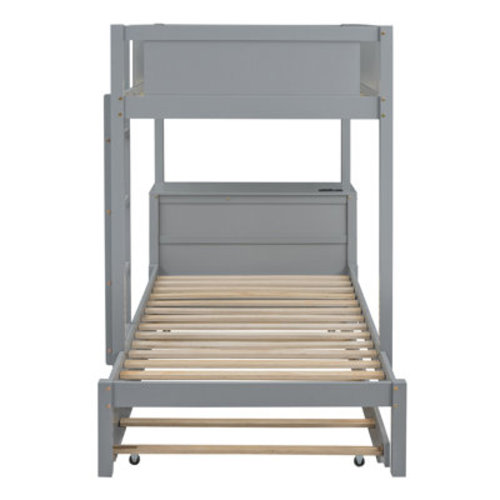 Latitude Run® Twin-Over-Twin Bunk Bed with Trundle, Storage Drawers, Desk & USB Outlets, White+Walnut | Wayfair