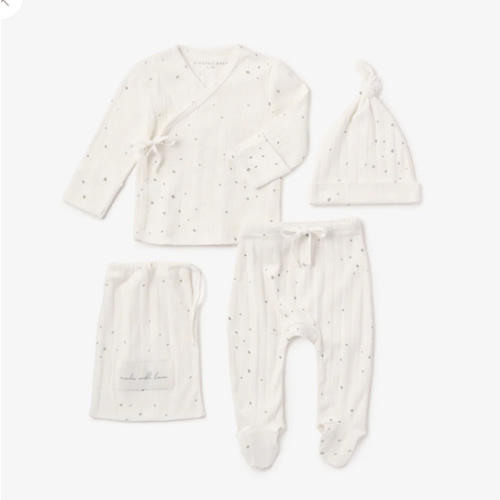 White Celestial Printed Organic Cotton Ribbed Baby Layette Set
