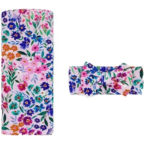 Little Sleepies Swaddle & Headband Bow Set, Viscose from Bamboo Baby Swaddles, Newborn Baby Girl Clothes (Sweet Pea)