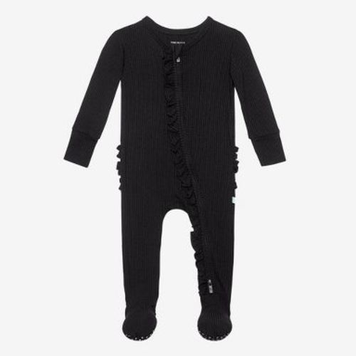 Infant Black Rib Footie Ruffled Zippered One Piece - Posh Peanut