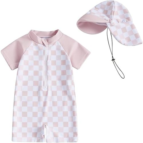 Baby Boy Girl Swimsuit Toddler Checkered Print Half Zip One Piece Bathing Suit Swimsuit Rash Guard Surfing Suit Hat