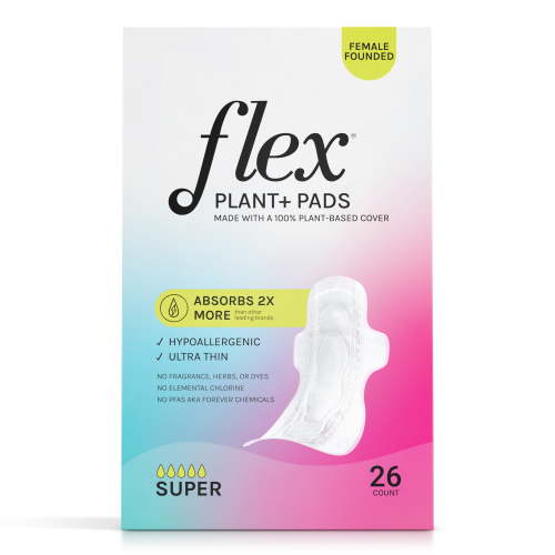Flex Plant+ Pads with Wings, Super, Heavy Absorbency, Ultra Thin, Unscented, 26 Count, Hypoallergenic