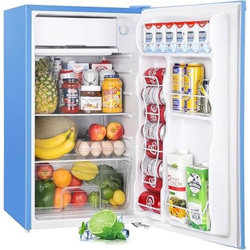 Upstreman 3.2 Cu.Ft Mini Fridge with Freezer, Single Door Mini Fridge, Dorm Fridge, Adjustable Thermostat, Mini Refrigerator for Bedroom, Office, Dorm, Blue-BR321