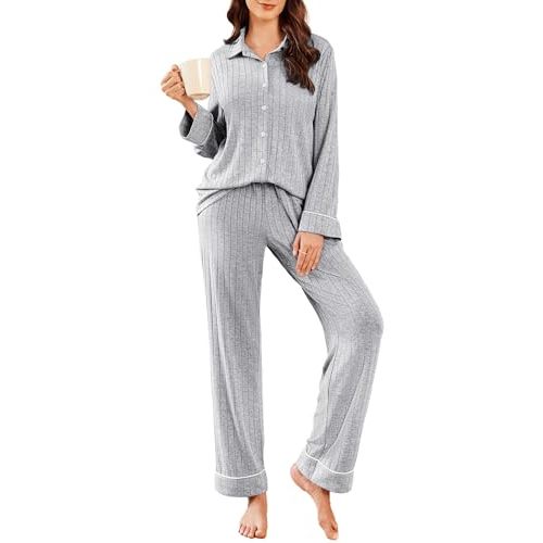 Ekouaer Womens Pajama Sets Long Sleeve Ribbed Knit Lounge Set Button Down Soft 2 Piece Pjs With Pockets