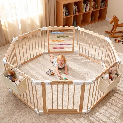 M MEEPO Foldable Baby Playpen, 86 x 57 x 25 in, Adjustable Shape & Size Wooden Baby Playpen with 2-Pack Storage Bags, Nature Pine Wood Play Yard for Infant, Toddler, Safety Lock Door, Build in Toys
