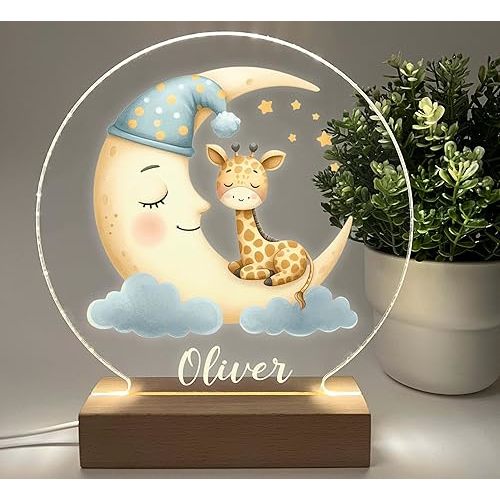 Baby Giraffe and Sleepy Moon Night Light, Desk or Table Lamp, Illustrated Gift for Mom, Dad, Brother, Friend, Sister, Nursery Room Decor, a Cool Fun Personalized Present Handcrafted in America.