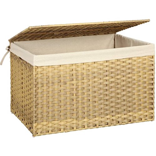 SONGMICS Storage Basket with Lid, Woven Blanket Storage Bin with Handles, Foldable, Removable Liner, Metal Frame, for Bedroom, Laundry Room, 42.3 Gallons (160 L), Natural URST76NL