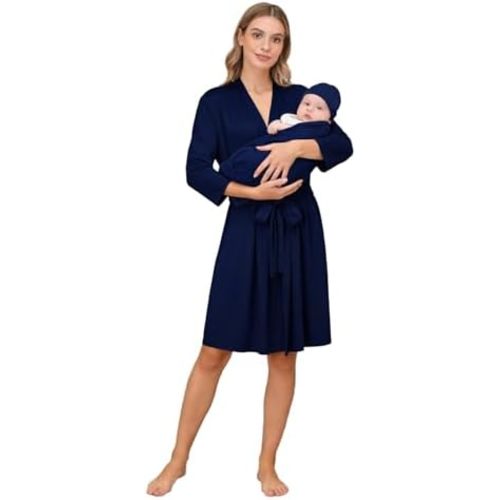 Expectant Mothers Labor Delivery Robe Set 3-Piece Maternity Hospital Outfit with Baby Swaddle Hat