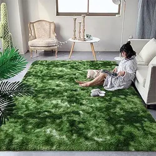 DweIke Fluffy Dark Green Rugs for Bedroom Living Room, 3x5 Feet Soft Plush Shaggy Tie-Dyed Forest Moss Green Girls Boys Kids Rug, Non-Slip and Machine Washable Carpet for Dorm Nursery Decor