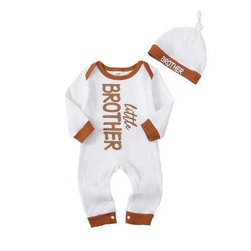 KIMI BEAR Newborn Baby Boys Bodysuits Winter Clothing Crew Neck Long Sleeves Knit Romper Letter Print Jumpsuits Button Bottom One-piece Overalls with Hat 2pcs White NB