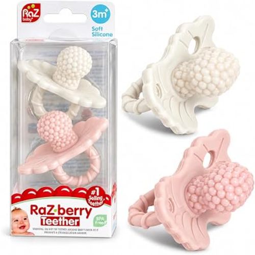 RaZbaby RaZberry Silicone Teether Pacifier – Teething Relief for Infants, Food-Grade, BPA-Free, Hands-Free, Natural Berrybumps Fruit Texture for Sensory Development, Freezable, 2-Pack - Pink & White