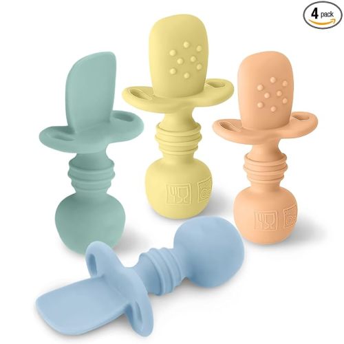 LittleWhispers Baby Silicone Spoons - Self Feeding 6 Months - Infant, Toddler, & Kid Friendly Utensils - First Stage, Baby Led Weaning - 4 Pack Utensil Set (Pastel)