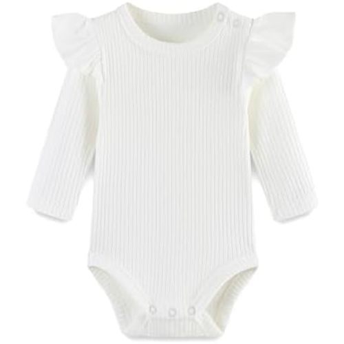 Baby Girl Knit Ruffle Outfit Clothes Ribbed 100% Organic Cotton Solid Color Long Sleeve Romper Clothes 0~24M
