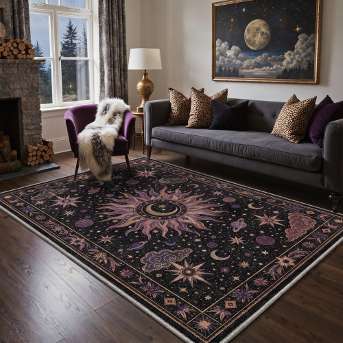 Bungalow Rose Machine Washable Starburst Black / Purple Runner With Non-Slip Backing | Wayfair