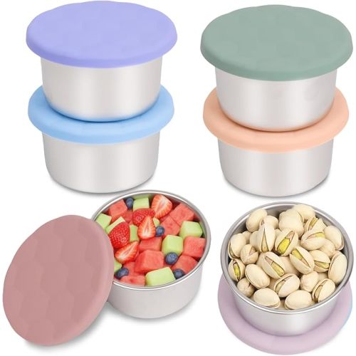 6Pack 1CUP Stainless Steel Snack Containers for Kids, Reusable Metal Small Food Containers with Silicone Lids, Stackable Metal Toddler Lunch Box for Daycare, School and Outdoor (8oz)