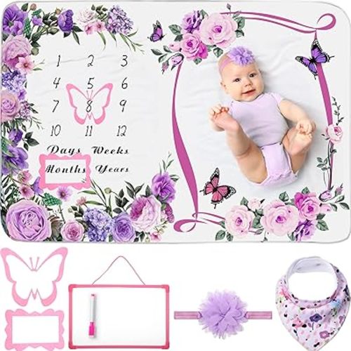 Chumia 6 Pcs Baby Monthly Milestone Blanket for Girl 60" x 40" Butterfly Milestone Blanket Age Photo Photography Backdrop with Newborn Calendar Growth Chart Bib Headband(Purple,Floral Pattern)
