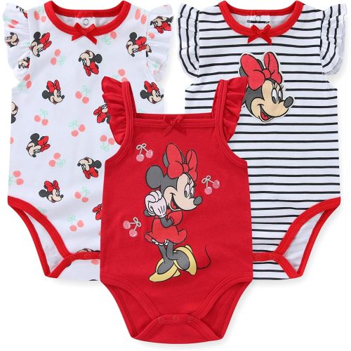 Disney Minnie Mouse Baby Girls 3 Pack Bodysuit for Newborn and Infant