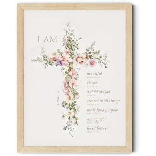 TwoDays Baptism Gifts for Girl, Floral Bible Verse Cross Christening Wall Art for Kids Christian Confirmation Keepsake, First Communion Party Decor for Boys (8" X 10", Nature Wood Framed)