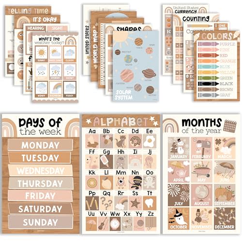 Hadley Designs 16 Educational Posters for Toddlers 1-3, Laminated Toddler Learning Posters for Preschool & Kindergarten, ABC Chart, Numbers, Colors, Shapes, Days of The Week, Boho Classroom Decor