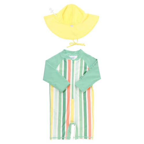 Saltwater Stripe One-Piece Rashguard Swimsuit & Hat Set, 0-3M