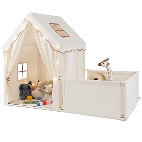 Costzon 2 in 1 Kids Play Tent, Indoor Large Toddler Pretend Playhouse w/Playpen, Door Curtains, Viewing Windows, Star Lights & Washable Cotton Mat, Teepee Tent for Kids Aged 3+ Years Old (Beige)
