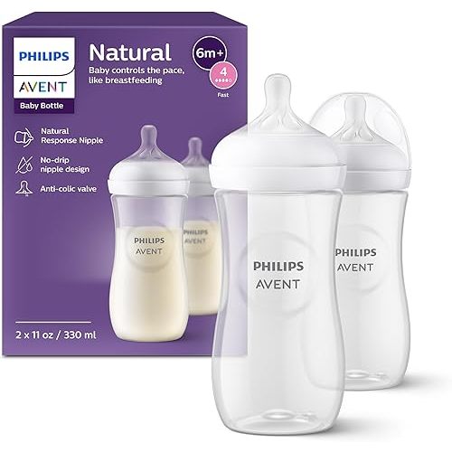 Philips Avent Natural Baby Bottles with Natural Response Nipples (Fast Flow, Flow 4), 11oz, 2-Pack, SCY906/02