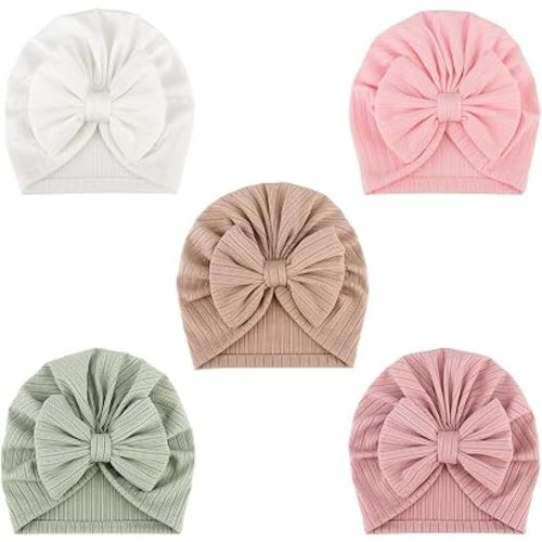DRESHOW BQUBO 5 Pieces Newborn Baby Turban Hats Bow Baby Infant Beanie Breathable Toddler Cap for Baby Girls