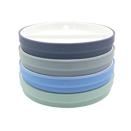 Elk and Friends Kids 7.8” Porcelain White Plates with Silicone Sleeves | Divided Plates | Suitable for Kids/Toddlers | Microwave & Dishwasher Safe | Non Slip | Snack Dishes