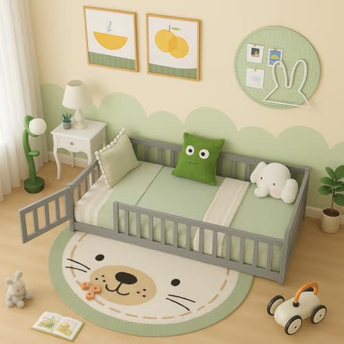 Giantex Twin Floor Bed with Fence for Kids, Wooden Montessori Bed Frame with Lockable Door & Guardrails, Low Floor Beds for Kids, Boys, Girls, No Box Spring Needed, Without Wood Slats, Grey