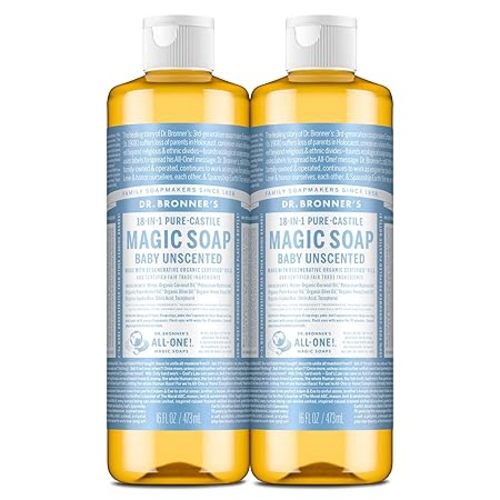 Dr. Bronner's Pure-Castile Magic Liquid Soap (Baby Unscented, 16 Ounce, 2-Pack)- Made with Regenerative Organic Certified Oils, For Face, Hair, Hand & Body Soap, Laundry, Pets- Concentrated, Vegan