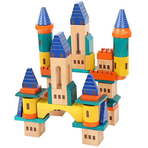 Xylolin Wooden Castle Building Blocks Set, Big Solid Beech Wood Toddlers Stacking Block Toy, Kids Construction Playset for Boys Girls 69 Pieces Set