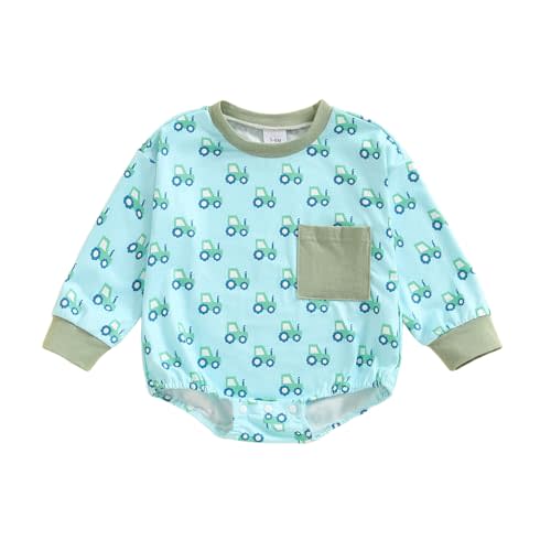 Infant Baby Boy Outfit Excavator Print Pocket Crew Neck Long Sleeve Bubble Romper Newborn Bodysuit Fall Winter Clothes