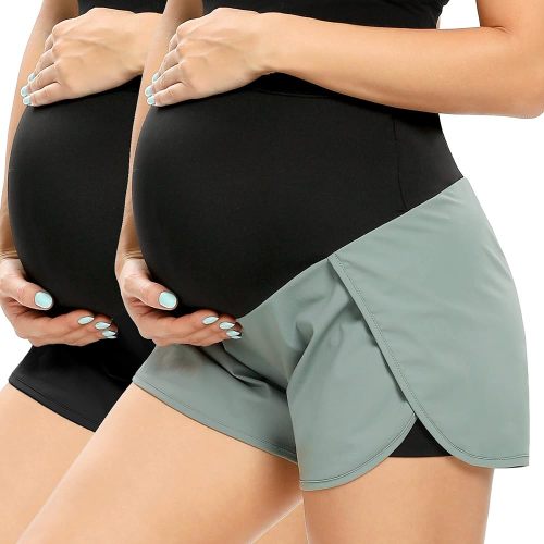 AMPOSH Women's Maternity Workout Shorts Over Belly Buttery Soft Athletic Yoga Running Shorts with Pocket