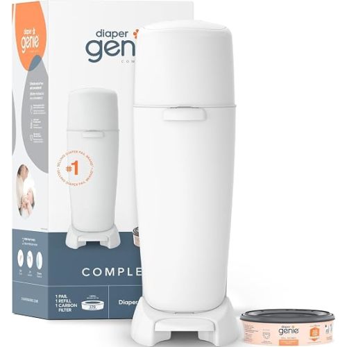 Diaper Genie Complete Diaper Pail (White) – Includes 1 Refill (Holds 270 Newborn Diapers) & 1 Carbon Filter
