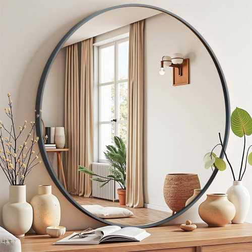 Blorly Wall Mirror, 24 inch Round Circle Vanity Mirror for Living Room, Bedroom, Rustic, Black Metal Frame